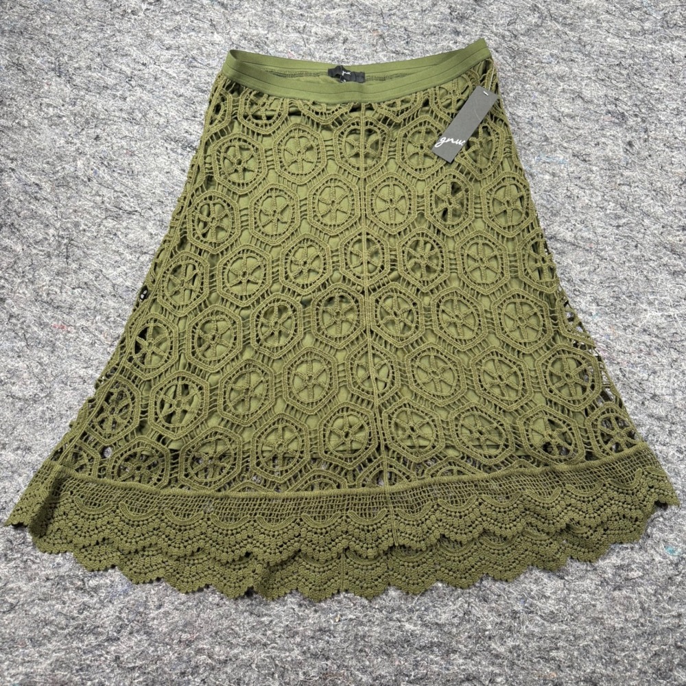GNW Olive Green Crochet Lace Midi Skirt M8383632GR Scalloped Hem Size M NEW